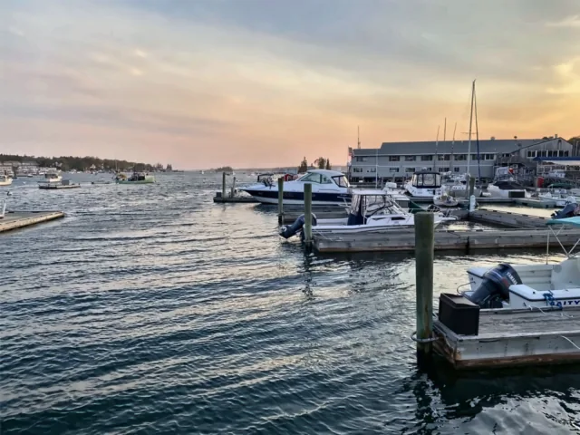 Boothbay Harbor waterfront at sunset