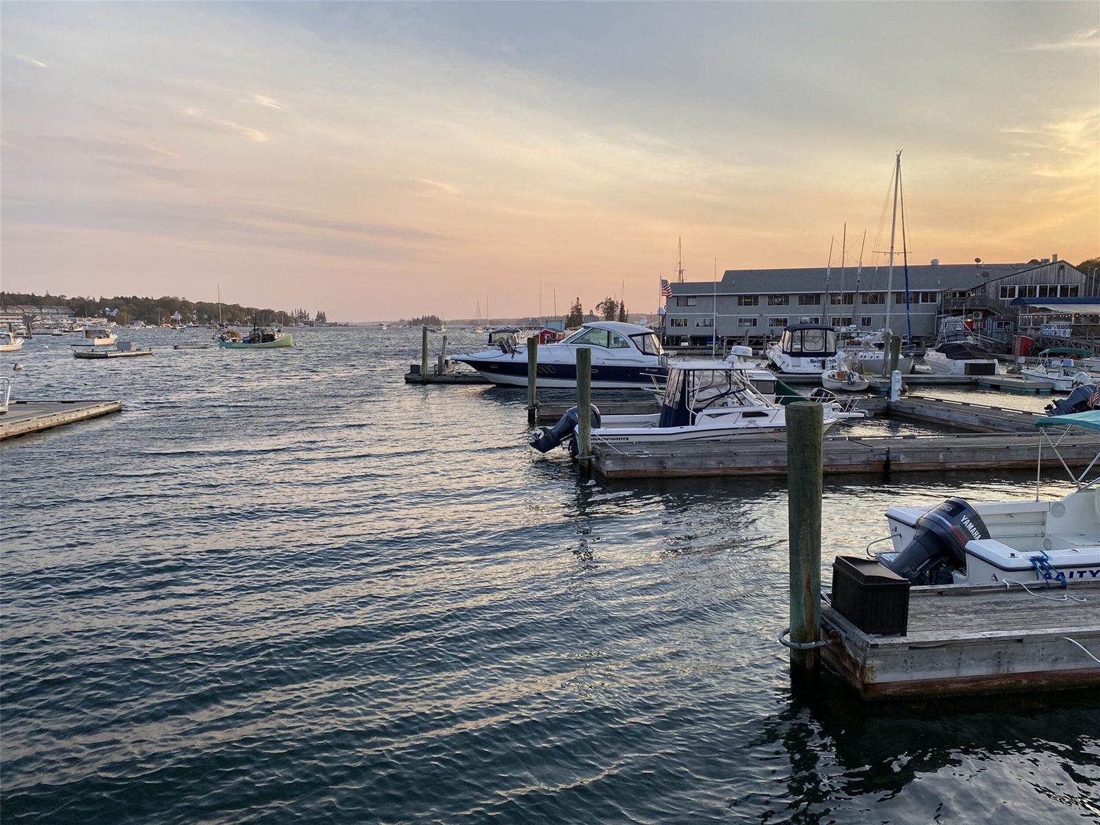 Boothbay Harbor waterfront at sunset, Maine