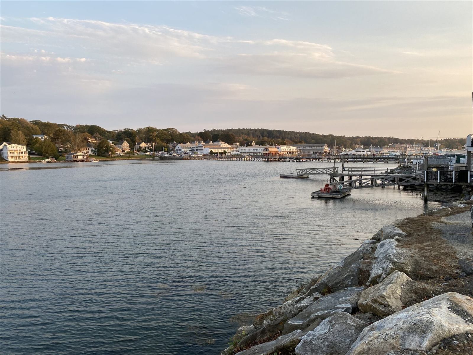 The historic footbridge in Boothbay Harbor at sunset