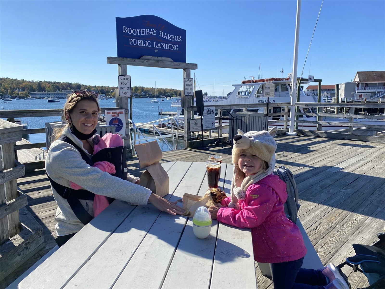 The town dock and waterfront picnic tables in Boothbay Harbor