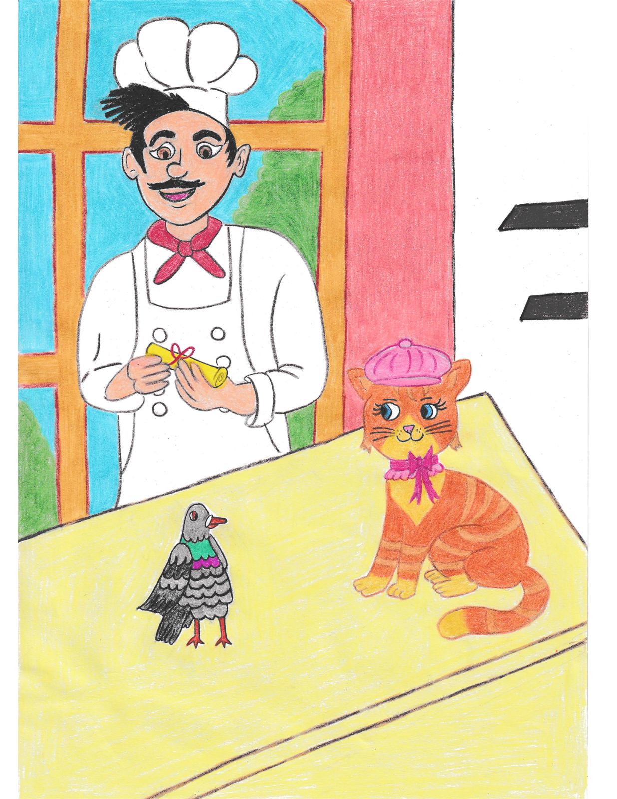 Rosie and the pigeon solve the mystery with Gabriel the baker
